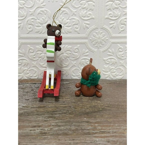 Set Of 2 Teddy Bear Ornaments - Brown Wooden Wood Miniature Ornament - Picture 7 of 10